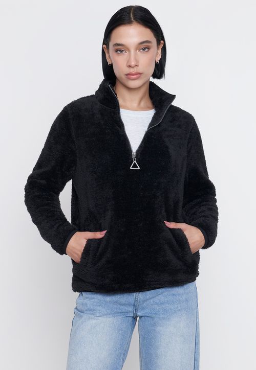 Polerón Mujer Half Zipper Peludo Negro