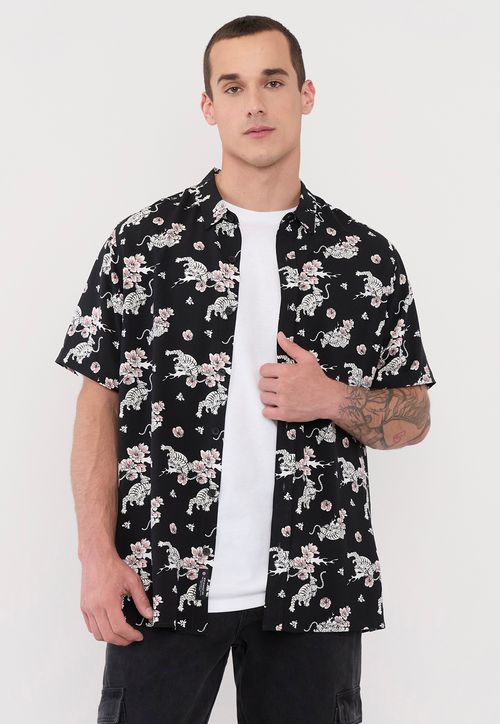 Guayabera Hombre Viscosa Tribal Negro