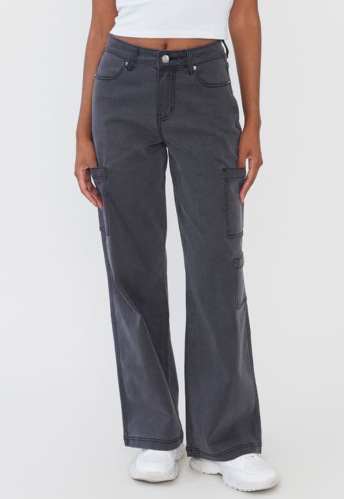 Jeans Mujer Cargo Straight Fit Gris