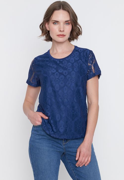 Polera Mujer Encaje M/C Navy