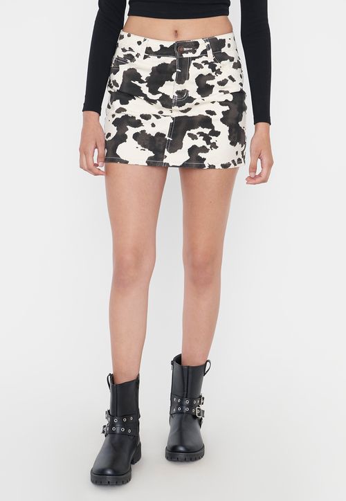 Falda Mujer Mini Gabardina Print Cow Blanco
