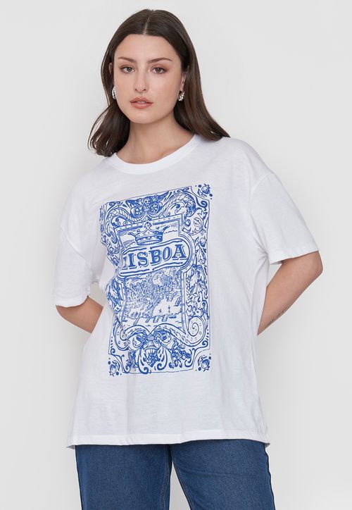 Polera Mujer Estampada Blanco/Celeste