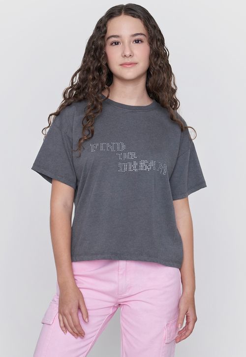 Polera Niña Teen M/C Lavada Strass Gris