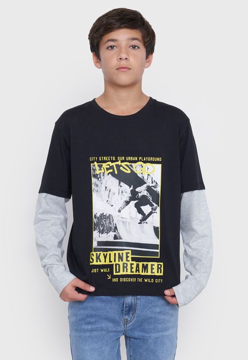 Polera Niño Teen Doble Manga Negro