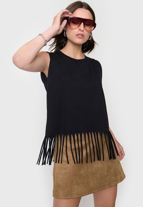 Polera Mujer Flecos Negro