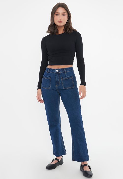 Jeans Mujer Straight Fit Bolsillos Azul Oscuro