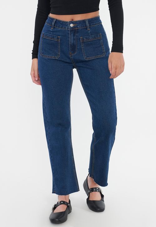 Jeans Mujer Straight Fit Bolsillos Azul Oscuro