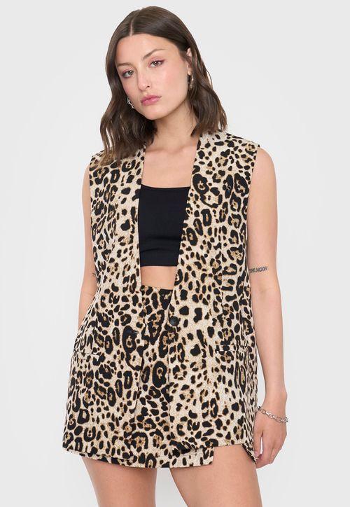 Blazer Mujer Sin Mangas Botones Animal Print Beige