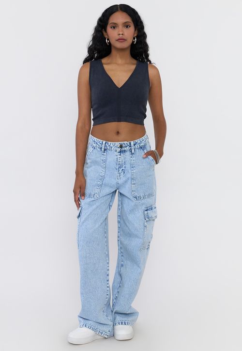 Jeans Mujer Wide Leg Fit Cargo Azul Claro