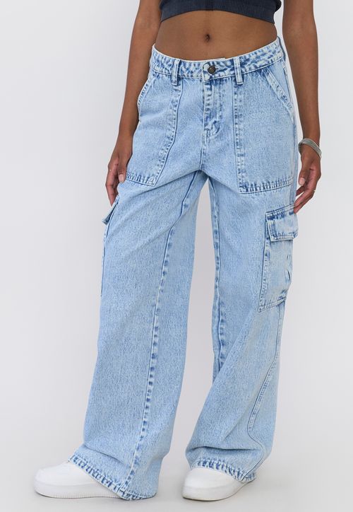 Jeans Mujer Wide Leg Fit Cargo Azul Claro