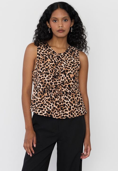 Blusa Mujer Sin Mangas Amarras Animal Print Café