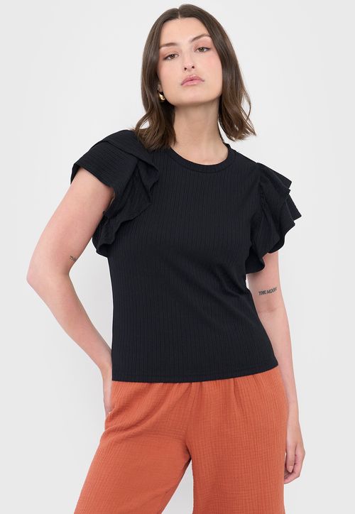 Polera Mujer Rib Vuelos Color Negro
