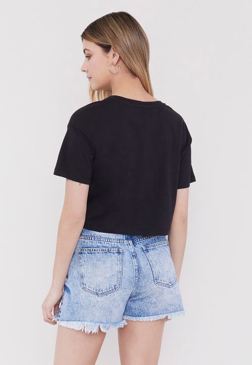 Polera Mujer Fun Manga Corta Crop Negro Vasity