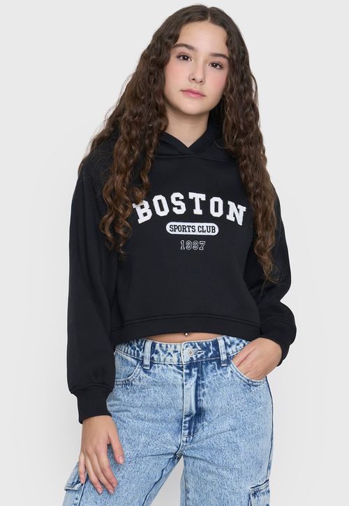 Poleron Niña Teen Crop Patch Sporty Negro