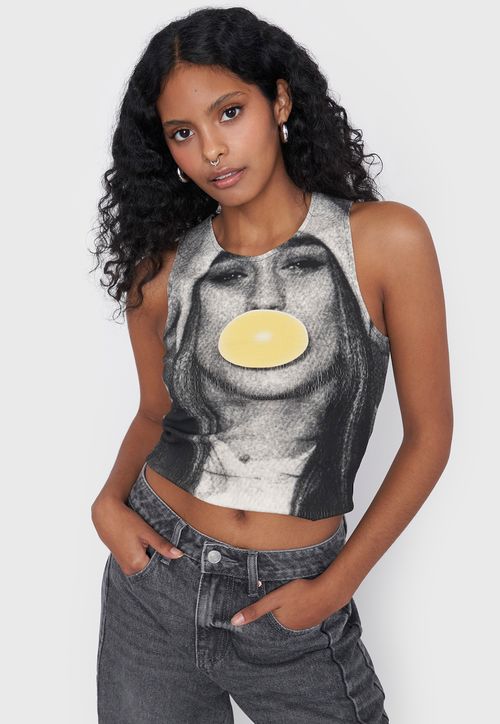 Polera Mujer Sin Mangas Print Rostro Negro