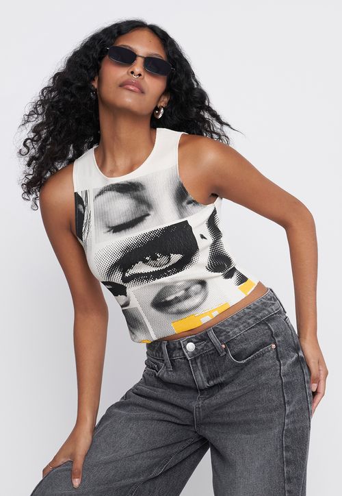 Polera Mujer Sin Mangas Print Rostro Ecru