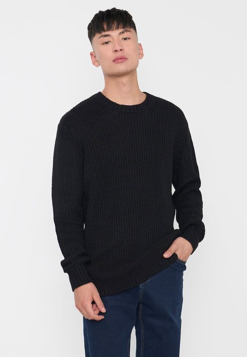 Tejido Hombre Cuello Redondo Liso Grueso Negro