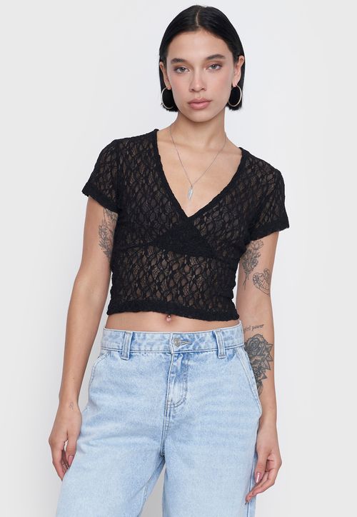 Polera Mujer M/C Cruzada Encaje Negro