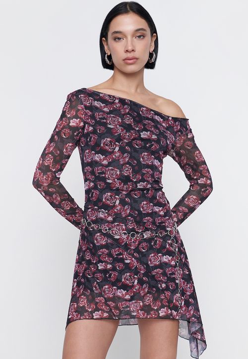 Vestido Mujer M/L Largo Malla Print Flor Negro