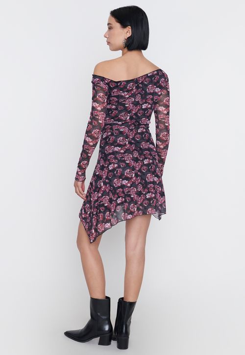Vestido Mujer M/L Largo Malla Print Flor Negro